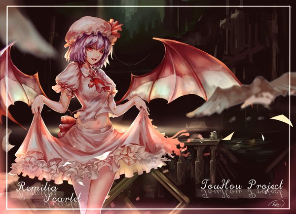 Anime picture 1500x1086 with touhou remilia scarlet kiyomasa ren single short hair open mouth red eyes signed looking away purple hair night bare belly character names bat wings girl skirt navel wings frills bonnet