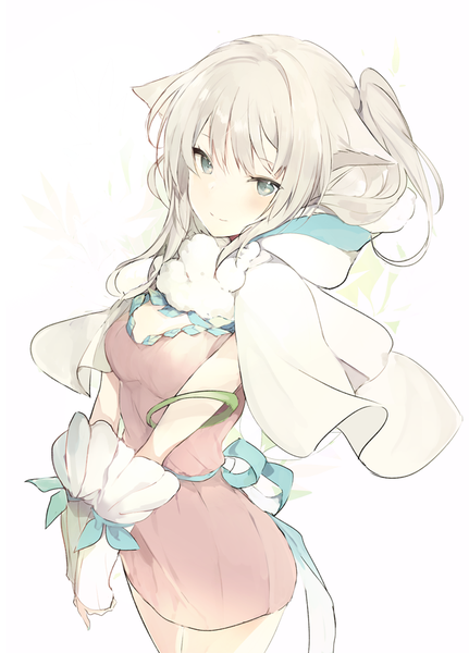 Anime picture 654x910 with original lpip single long hair tall image looking at viewer blush fringe breasts simple background hair between eyes standing white background animal ears payot ponytail head tilt light smile grey hair cat ears