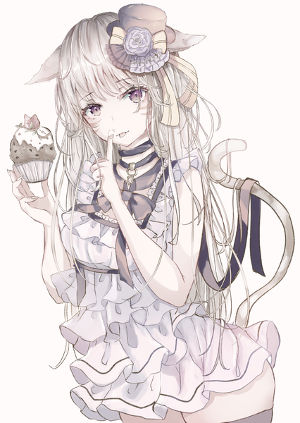Anime picture 1500x2110 with final fantasy final fantasy xiv square enix miqo'te sakura mochiko single long hair tall image looking at viewer light erotic simple background white background purple eyes animal ears silver hair tail nail polish animal tail fingernails cat ears