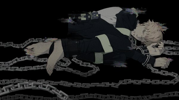 Anime picture 2048x1152 with dramatical murder nitro+chiral noiz (dmmd) honya lala single highres short hair simple background blonde hair wide image lying barefoot piercing black background boy chain