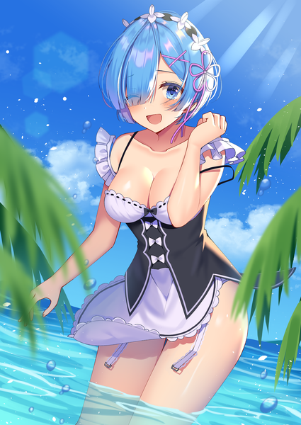 Anime picture 2508x3541 with re:zero kara hajimeru isekai seikatsu white fox rem (re:zero) izumo neru single tall image looking at viewer blush fringe highres short hair breasts open mouth blue eyes light erotic smile large breasts standing blue hair sky