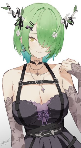 Anime picture 1020x1842 with virtual youtuber hololive hololive english ceres fauna ceres fauna (goth) ceres fauna (4th costume) punished pigeon single tall image looking at viewer fringe short hair breasts light erotic simple background smile large breasts white background yellow eyes cleavage