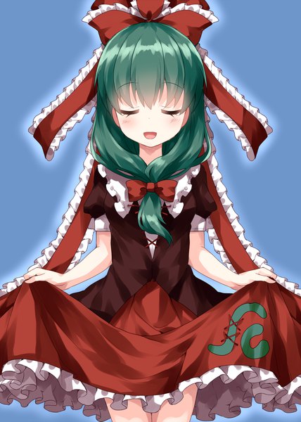 Anime picture 1000x1400 with touhou kagiyama hina ruu (tksymkw) single long hair tall image blush open mouth simple background eyes closed :d green hair puffy sleeves blue background girl dress bow hair bow
