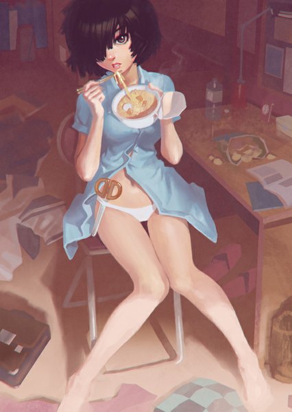Anime picture 600x844 with nazo no kanojo x urabe mikoto ilya kuvshinov single tall image looking at viewer fringe short hair breasts light erotic sitting indoors parted lips barefoot hair over one eye bare legs shadow legs eating knees touching