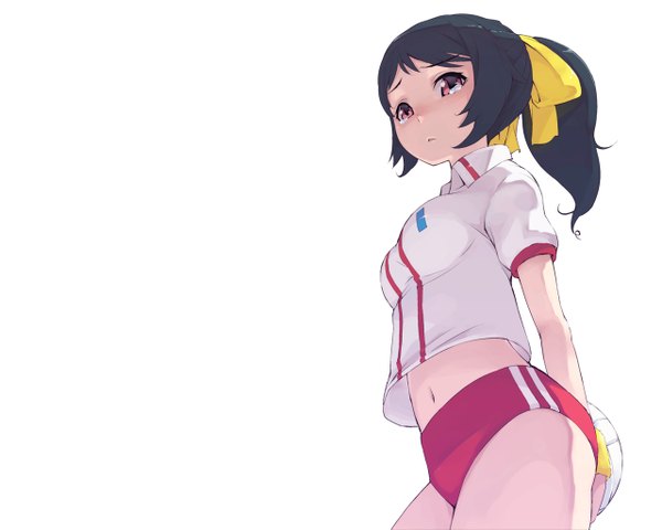 Anime picture 1280x1024 with long hair breasts light erotic black hair white background ponytail crying navel uniform bow hair bow shorts gym uniform ball wristlet