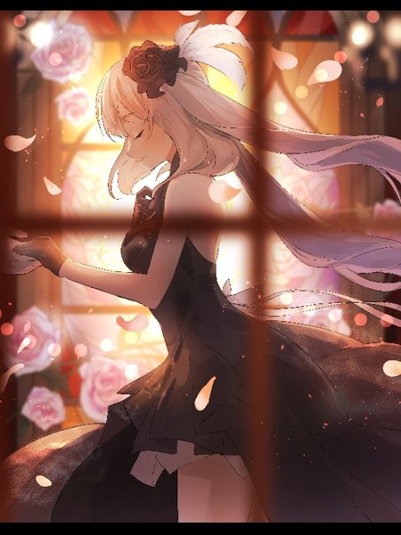 Anime picture 614x818 with fate (series) fate/grand order marie antoinette (fate/grand order) hoovee21 long hair tall image fringe breasts smile standing twintails white hair indoors eyes closed profile hair flower wind blurry outstretched arm holding hands