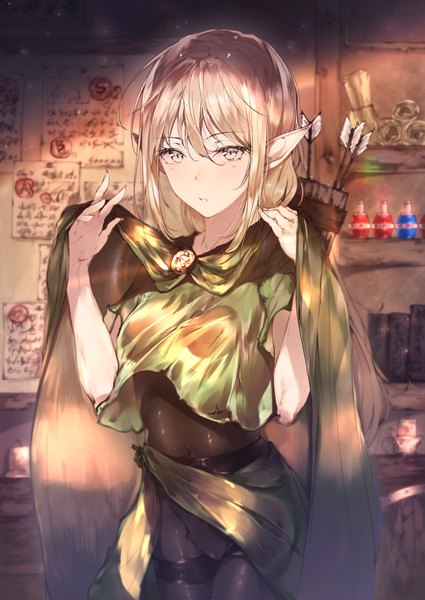 Anime-Bild 2150x3035 mit original hplay (kyoshinou) single long hair tall image looking at viewer fringe highres light erotic blonde hair hair between eyes upper body pointy ears depth of field elf white eyes girl cape bodysuit arrow (arrows)