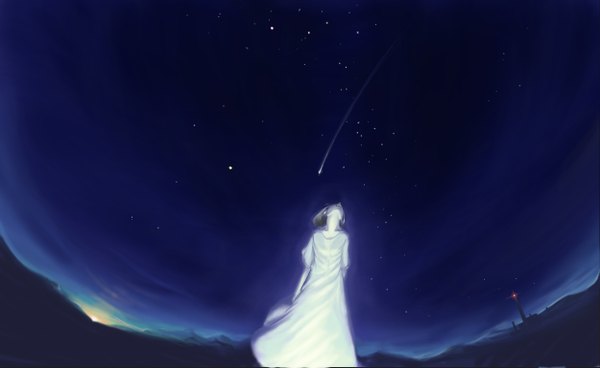 Anime picture 5000x3074 with akio-bako (artist) single fringe highres short hair wide image standing absurdres sky night from below pale skin shooting star hollow girl dress white dress star (stars)