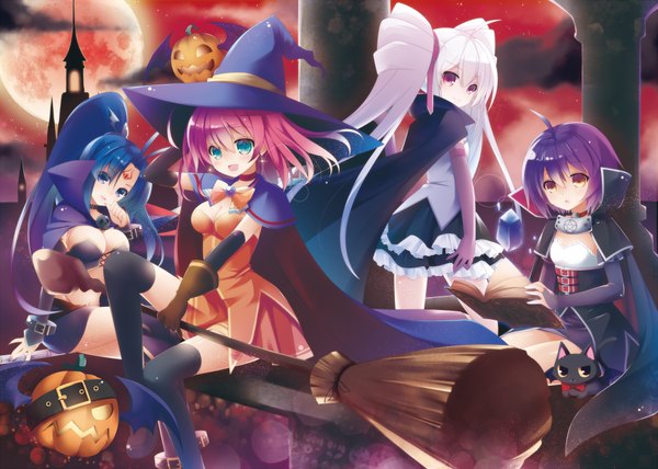 Anime picture 1920x1370 with magical halloween alice wishheart frost auslese noir auslese rosemary bergamot kanora long hair blush highres short hair breasts open mouth blue eyes light erotic red eyes twintails multiple girls yellow eyes blue hair pink hair