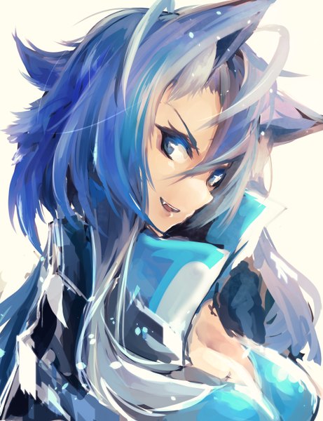 Anime picture 2000x2600 with original maido mido single long hair tall image looking at viewer highres breasts open mouth simple background white background animal ears teeth fang (fangs) fox ears girl