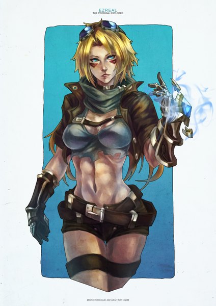 Anime picture 2480x3508 with league of legends ezreal (league of legends) monori rogue single tall image fringe highres short hair breasts blue eyes blonde hair bare shoulders looking away lips midriff goggles on head genderswap girl gloves navel