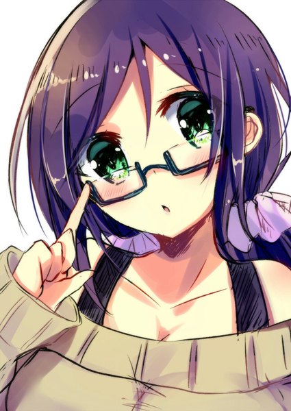Anime picture 644x910 with love live! school idol project sunrise (studio) love live! toujou nozomi asanagi kurumi (panda-doufu) single long hair tall image looking at viewer blush open mouth simple background white background twintails bare shoulders green eyes purple hair low twintails portrait adjusting glasses