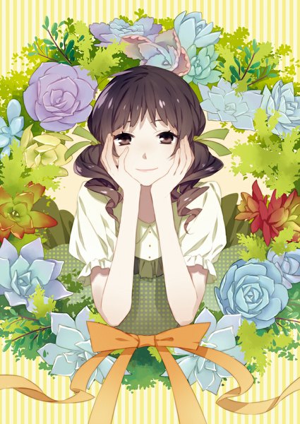 Anime picture 700x988 with original psd (pixiv) single long hair tall image looking at viewer fringe black hair smile twintails black eyes drill hair striped chin rest striped background hands on face girl flower (flowers) ribbon (ribbons) hair ribbon