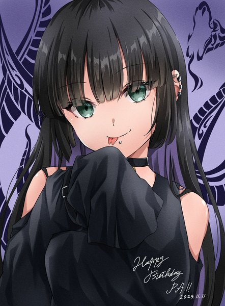 Anime picture 1508x2048 with bocchi the rock! cloverworks pa-san kikugawa roku single long hair tall image looking at viewer black hair bare shoulders green eyes upper body head tilt multicolored hair character names piercing dated ear piercing colored inner hair :p