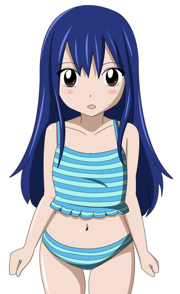 Anime picture 1295x2111 with fairy tail wendy marvell hayateayasaki single long hair tall image blush open mouth brown eyes blue hair loli coloring transparent background girl navel swimsuit bikini striped bikini