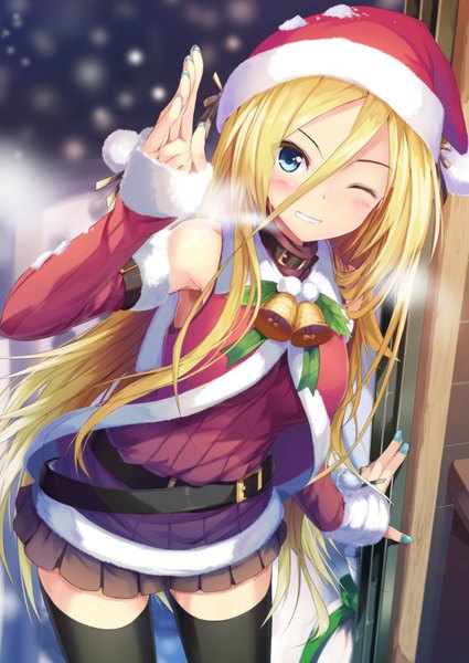 Anime picture 1200x1695 with vocaloid lily (vocaloid) daidou (demitasse) single long hair tall image looking at viewer blush blue eyes blonde hair nail polish pleated skirt one eye closed fingernails wink zettai ryouiki fur trim grin snowing christmas