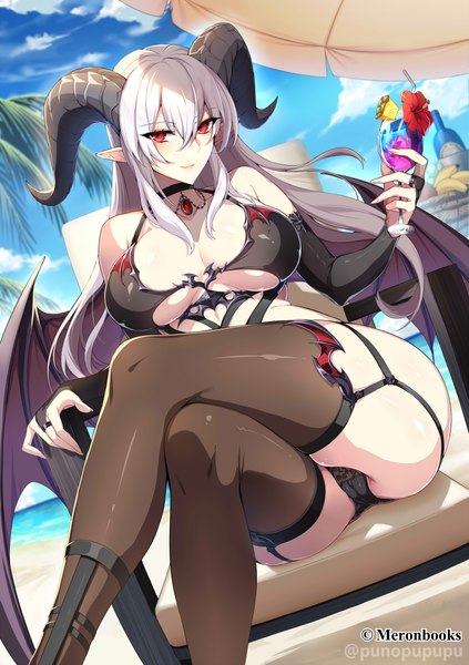 Anime picture 1694x2400 with under wears 4 zeroshiki kouichi single long hair tall image looking at viewer blush fringe breasts light erotic smile hair between eyes red eyes large breasts sitting holding signed payot sky silver hair