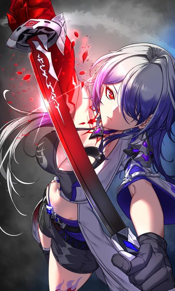 Anime picture 2000x3321 with honkai: star rail honkai (series) acheron (honkai: star rail) h.kai single long hair tall image looking at viewer fringe highres breasts light erotic red eyes large breasts purple hair from above hair over one eye midriff tattoo girl