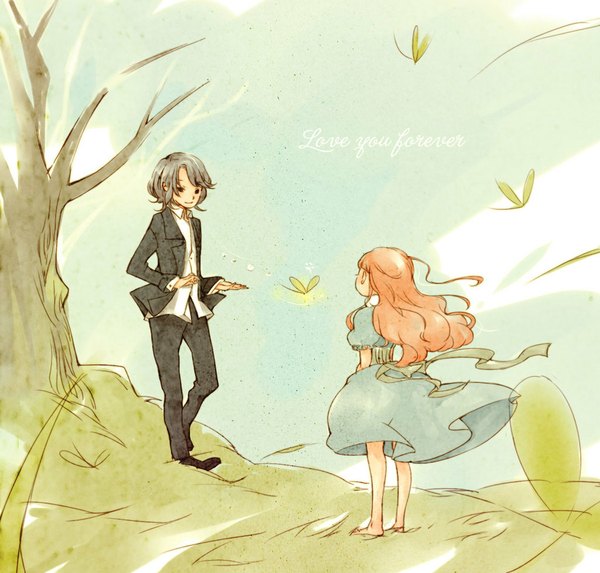 Anime picture 1024x978 with harry potter severus snape lily evans tagme (artist) long hair short hair black hair smile barefoot wind from behind black eyes orange hair inscription girl dress boy plant (plants) tree (trees) leaf (leaves)