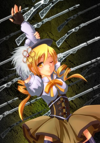 Anime picture 700x998 with mahou shoujo madoka magica shaft (studio) tomoe mami amayofoo single long hair tall image blonde hair smile yellow eyes one eye closed wink drill hair girl skirt gloves weapon fingerless gloves gun beret