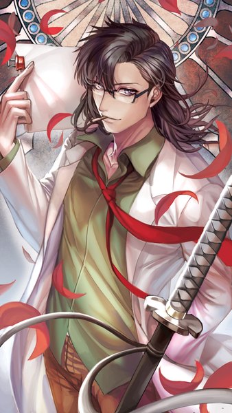 Anime picture 1200x2124 with bbbox (hotpppink) single long hair tall image looking at viewer fringe black hair standing purple eyes fingernails boy weapon shirt sword glasses necktie katana cigarette clothes labcoat
