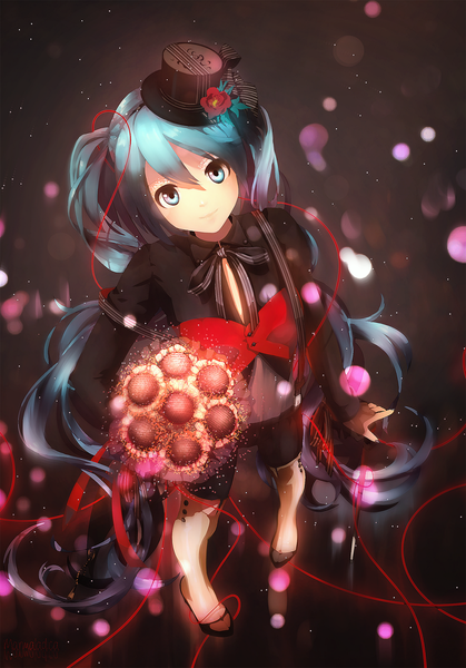 Anime picture 1200x1719 with vocaloid hatsune miku marmalade (elfless vanilla) single long hair tall image looking at viewer fringe blue eyes simple background smile twintails blue hair dark background looking up girl flower (flowers) shorts bouquet sunflower