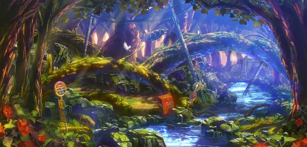 Аниме картинка 1280x616 с оригинальное изображение youji (artist) широкое изображение река руины природа цветок (цветы) растение (растения) животное дерево (деревья) вода птица (птицы) лес провод (провода) дорожный знак светофор корни
