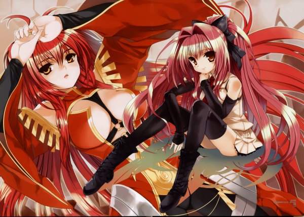 Anime picture 4864x3485 with shinkyoku soukai polyphonica corticarte apa lagranges koin (foxmark) long hair blush highres breasts light erotic red eyes large breasts bare shoulders multiple girls absurdres red hair arms up dual persona girl thighhighs bow black thighhighs