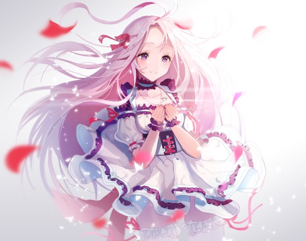 Anime picture 1008x794 with original lloule single long hair blush smile standing pink hair pink eyes wind lacing shiny girl ribbon (ribbons) petals pendant corset