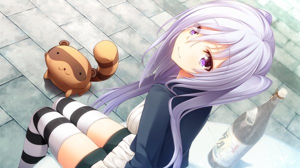 Anime picture 1280x720 with gleam garden no shoujo shirayuki (gleam garden no shoujo) char single long hair looking at viewer blush smile wide image sitting purple eyes game cg white hair girl thighhighs dress animal striped thighhighs