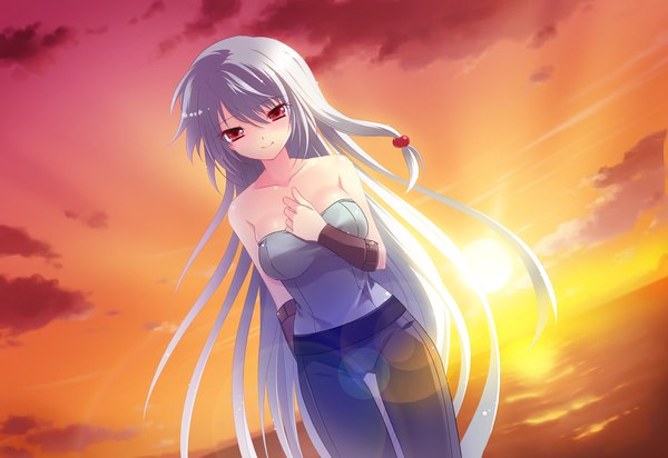 Anime picture 1370x942 with futsuno fantasy long hair red eyes game cg cloud (clouds) white hair evening sunset girl