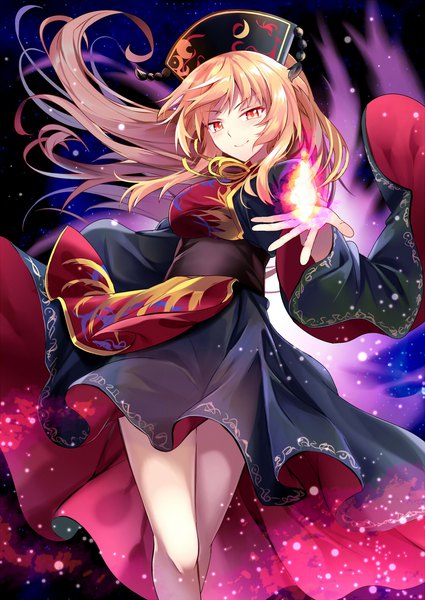 Anime picture 1000x1412 with touhou junko (touhou) e.o. single long hair tall image looking at viewer blonde hair smile red eyes from below magic girl headdress