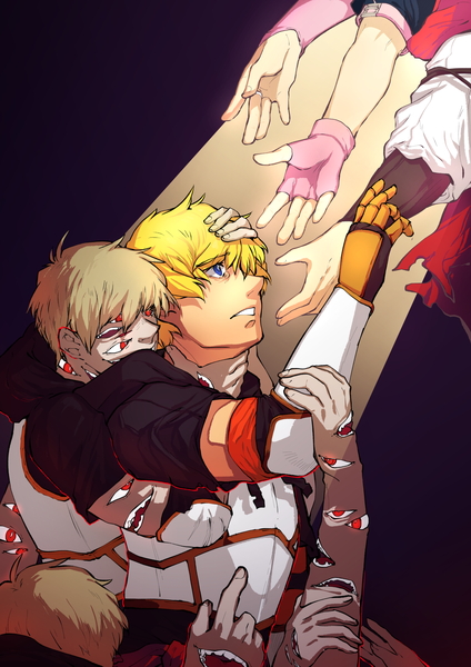 Anime picture 1280x1811 with rwby rooster teeth ruby rose nora valkyrie jaune arc lie ren mrk50 tall image short hair blue eyes blonde hair red eyes sunlight hug light dark background outstretched hand hug from behind eyes boy