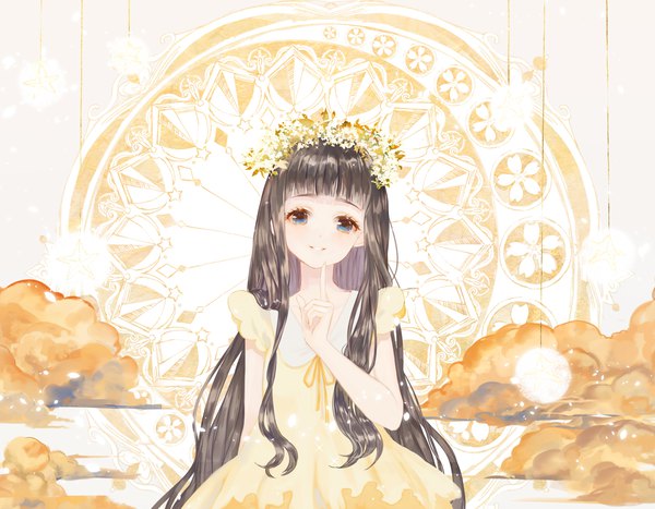 Anime picture 1146x893 with card captor sakura clamp daidouji tomoyo say hana single long hair looking at viewer fringe blue eyes black hair upper body blunt bangs head tilt light smile girl dress flower (flowers) wreath yellow dress