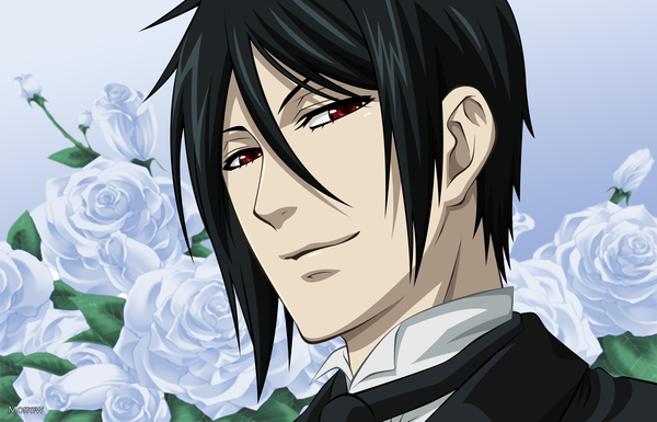 Anime picture 2200x1414 with kuroshitsuji a-1 pictures sebastian michaelis morrow single looking at viewer highres short hair black hair smile red eyes butler boy flower (flowers) necktie suit