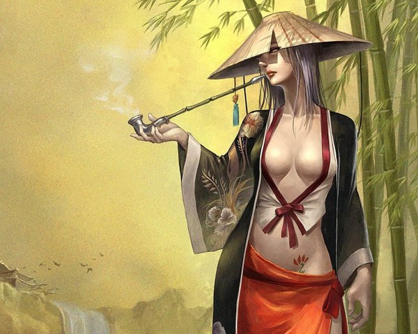 Anime picture 1280x1024 with kal online tagme (artist) single long hair breasts light erotic blonde hair brown eyes silver hair traditional clothes tattoo smoke waterfall cropped girl plant (plants) hat animal water bird (birds)