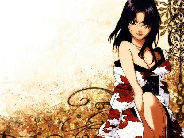 Anime picture 1024x768 with neon genesis evangelion gainax katsuragi misato looking at viewer bare shoulders traditional clothes japanese clothes kimono