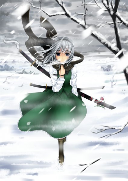 Anime picture 1100x1555 with touhou konpaku youmu single tall image blue eyes silver hair wind snowing winter snow girl skirt weapon plant (plants) sword tree (trees) hairband scarf skirt set