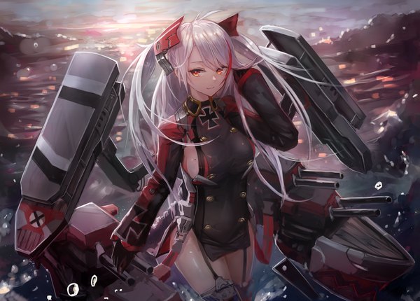 Anime picture 2300x1650 with azur lane prinz eugen (azur lane) kasagarasu single long hair looking at viewer fringe highres breasts light erotic red eyes large breasts standing silver hair ahoge outdoors red hair long sleeves multicolored hair arm up