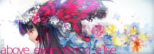 Anime picture 1452x514 with vocaloid vocaloid china way (vocaloid) hjl single long hair fringe black hair smile red eyes wide image white background looking away blunt bangs profile multicolored hair hair flower two-tone hair streaked hair text