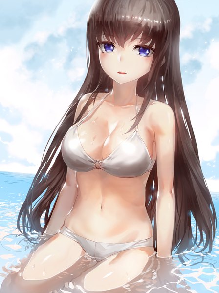 Anime picture 859x1150 with original kfr single long hair tall image looking at viewer fringe breasts open mouth light erotic brown hair large breasts sitting purple eyes bare shoulders sky cloud (clouds) outdoors bare belly wet