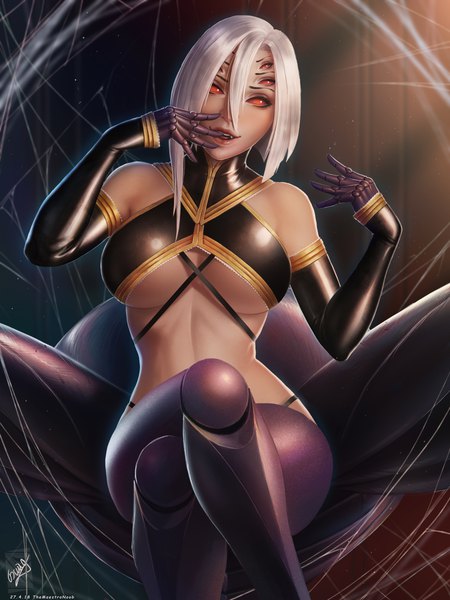 Anime-Bild 4500x6000 mit monster musume no iru nichijou rachnera arachnera georgy stacker single tall image looking at viewer fringe highres short hair breasts open mouth light erotic smile hair between eyes red eyes large breasts signed absurdres white hair head tilt