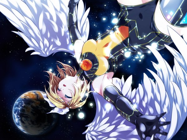 Anime picture 1024x768 with vocaloid kagamine rin venuspunk single short hair blonde hair eyes closed spread arms falling girl gloves wings elbow gloves planet earth