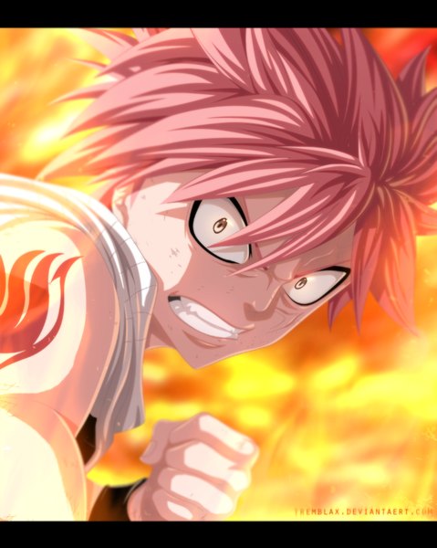 Anime picture 798x1000 with fairy tail natsu dragneel tremblax single tall image short hair brown eyes pink hair tattoo sleeveless grin coloring magic letterboxed angry boy scarf fire wristlet fist