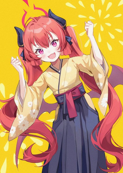 Anime picture 2150x3035 with blue archive junko (blue archive) junko (new year) (blue archive) hoshiko (419401x) single long hair tall image looking at viewer blush fringe highres open mouth hair between eyes twintails traditional clothes :d japanese clothes pink eyes horn (horns) fang (fangs)