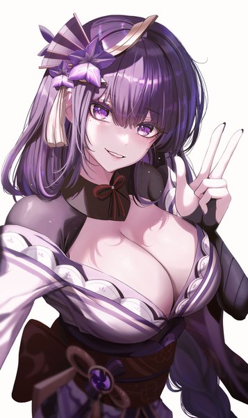 Anime picture 5500x9232 with genshin impact raiden shogun libo (724ml) single long hair tall image looking at viewer fringe highres breasts light erotic simple background hair between eyes large breasts white background purple eyes absurdres cleavage purple hair upper body
