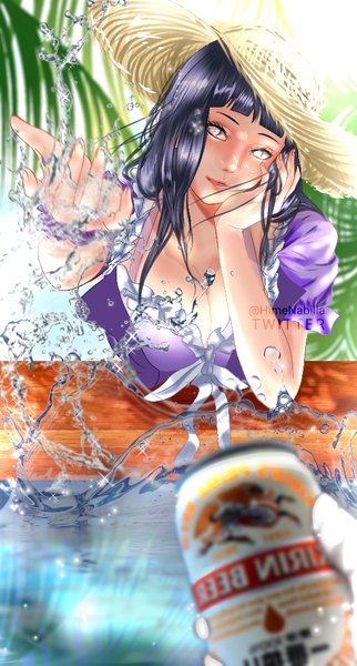 Anime picture 550x1024 with naruto studio pierrot naruto (series) kirin (company) hyuuga hinata nabilla hime long hair tall image looking at viewer blush fringe breasts large breasts signed purple hair upper body blunt bangs blurry sparkle short sleeves