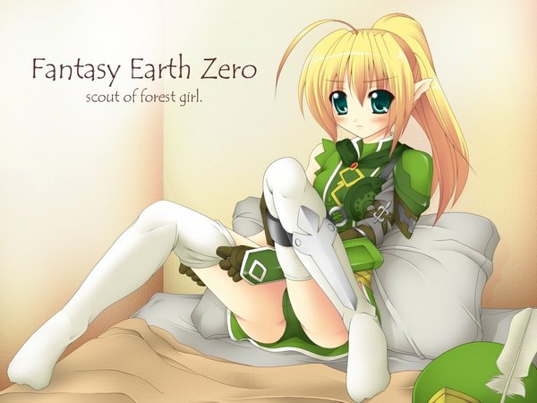 Anime picture 1024x768 with fantasy earth zero light erotic ahoge ponytail pantyshot pantyshot sitting elf thighhighs gauntlets shoulder pads