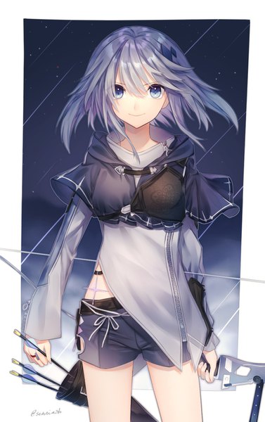 Anime picture 961x1528 with original haizome senri single tall image looking at viewer fringe short hair smile hair between eyes holding signed silver hair cloud (clouds) wind night grey eyes night sky slit pupils meteor rain girl