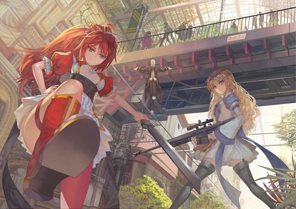 Anime picture 1800x1273 with original paku (artist) long hair looking at viewer highres blue eyes light erotic blonde hair multiple girls holding looking away red hair pointy ears from below short sleeves puffy sleeves hand on hip girl thighhighs weapon